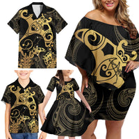 Black And Gold Aotearoa Whai Family Matching Off Shoulder Short Dress and Hawaiian Shirt NZ Stingrays Maori Curves Style LT14 - Polynesian Pride