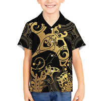 Black And Gold Aotearoa Whai Family Matching Tank Maxi Dress and Hawaiian Shirt NZ Stingrays Maori Curves Style LT14 Son's Shirt Gold - Polynesian Pride