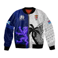 Custom Fiji And Scotland Rugby Bomber Jacket Fijian Tapa Pattern With Thistle LT14 Unisex Blue - Polynesian Pride