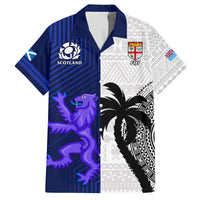Custom Fiji And Scotland Rugby Family Matching Off Shoulder Short Dress and Hawaiian Shirt Fijian Tapa Pattern With Thistle LT14 Dad's Shirt - Short Sleeve Blue - Polynesian Pride