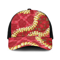 Red Palaka Hawaii Mele Kalikimaka Baseball Net Cap Ohia Lehua Monstera Puakenikeni Lei - Polynesian Pride