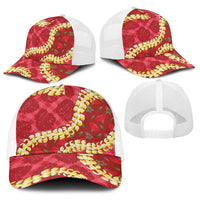 Red Palaka Hawaii Mele Kalikimaka Baseball Net Cap Ohia Lehua Monstera Puakenikeni Lei - Polynesian Pride
