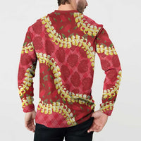 Red Palaka Hawaii Mele Kalikimaka Button Sweatshirt Ohia Lehua Monstera Puakenikeni Lei - Polynesian Pride