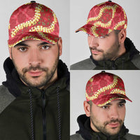 Red Palaka Hawaii Mele Kalikimaka Classic Cap Ohia Lehua Monstera Puakenikeni Lei - Polynesian Pride