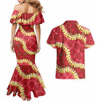 Red Palaka Hawaii Mele Kalikimaka Couples Matching Mermaid Dress and Hawaiian Shirt Ohia Lehua Monstera Puakenikeni Lei - Polynesian Pride