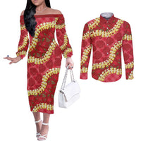 Red Palaka Hawaii Mele Kalikimaka Couples Matching Off The Shoulder Long Sleeve Dress and Long Sleeve Button Shirt Ohia Lehua Monstera Puakenikeni Lei - Polynesian Pride