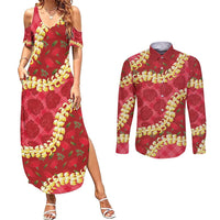 Red Palaka Hawaii Mele Kalikimaka Couples Matching Summer Maxi Dress and Long Sleeve Button Shirt Ohia Lehua Monstera Puakenikeni Lei - Polynesian Pride