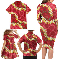 Red Palaka Hawaii Mele Kalikimaka Family Matching Long Sleeve Bodycon Dress and Hawaiian Shirt Ohia Lehua Monstera Puakenikeni Lei - Polynesian Pride