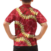 Red Palaka Hawaii Mele Kalikimaka Family Matching Off The Shoulder Long Sleeve Dress and Hawaiian Shirt Ohia Lehua Monstera Puakenikeni Lei - Polynesian Pride