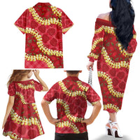 Red Palaka Hawaii Mele Kalikimaka Family Matching Off The Shoulder Long Sleeve Dress and Hawaiian Shirt Ohia Lehua Monstera Puakenikeni Lei - Polynesian Pride