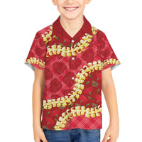Red Palaka Hawaii Mele Kalikimaka Family Matching Off The Shoulder Long Sleeve Dress and Hawaiian Shirt Ohia Lehua Monstera Puakenikeni Lei - Polynesian Pride