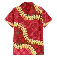 Red Palaka Hawaii Mele Kalikimaka Family Matching Off Shoulder Maxi Dress and Hawaiian Shirt Ohia Lehua Monstera Puakenikeni Lei - Polynesian Pride