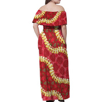 Red Palaka Hawaii Mele Kalikimaka Family Matching Off Shoulder Maxi Dress and Hawaiian Shirt Ohia Lehua Monstera Puakenikeni Lei - Polynesian Pride