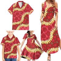 Red Palaka Hawaii Mele Kalikimaka Family Matching Summer Maxi Dress and Hawaiian Shirt Ohia Lehua Monstera Puakenikeni Lei - Polynesian Pride