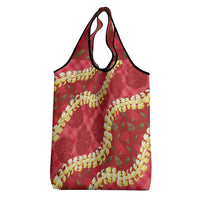 Red Palaka Hawaii Mele Kalikimaka Grocery Bag Ohia Lehua Monstera Puakenikeni Lei - Polynesian Pride