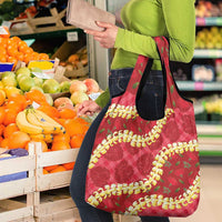 Red Palaka Hawaii Mele Kalikimaka Grocery Bag Ohia Lehua Monstera Puakenikeni Lei - Polynesian Pride