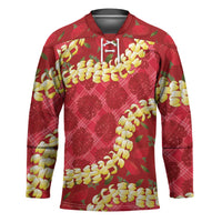Red Palaka Hawaii Mele Kalikimaka Hockey Jersey Ohia Lehua Monstera Puakenikeni Lei - Polynesian Pride