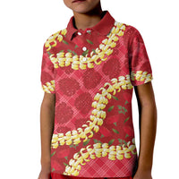 Red Palaka Hawaii Mele Kalikimaka Kid Polo Shirt Ohia Lehua Monstera Puakenikeni Lei - Polynesian Pride