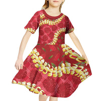 Red Palaka Hawaii Mele Kalikimaka Kid Short Sleeve Dress Ohia Lehua Monstera Puakenikeni Lei - Polynesian Pride
