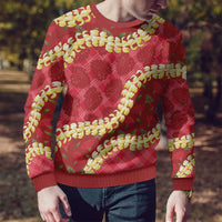 Red Palaka Hawaii Mele Kalikimaka Ugly Christmas Sweater Ohia Lehua Monstera Puakenikeni Lei - Polynesian Pride