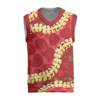 Red Palaka Hawaii Mele Kalikimaka Christmas Knitted V-Neck Vest Ohia Lehua Monstera Puakenikeni Lei - Polynesian Pride