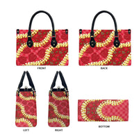 Red Palaka Hawaii Mele Kalikimaka Leather Bag Ohia Lehua Monstera Puakenikeni Lei - Polynesian Pride