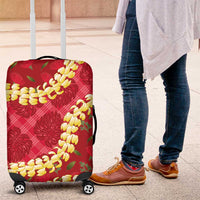 Red Palaka Hawaii Mele Kalikimaka Luggage Cover Ohia Lehua Monstera Puakenikeni Lei - Polynesian Pride