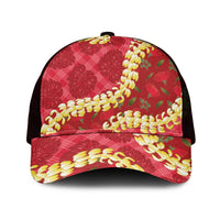 Red Palaka Hawaii Mele Kalikimaka Mesh Trucker Cap Ohia Lehua Monstera Puakenikeni Lei - Polynesian Pride