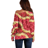 Red Palaka Hawaii Mele Kalikimaka Off Shoulder Sweater Ohia Lehua Monstera Puakenikeni Lei - Polynesian Pride