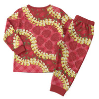 Red Palaka Hawaii Mele Kalikimaka Christmas Pajama Set Ohia Lehua Monstera Puakenikeni Lei - Polynesian Pride
