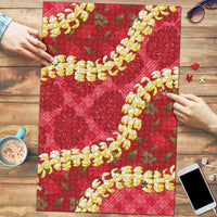 Red Palaka Hawaii Mele Kalikimaka Puzzle Ohia Lehua Monstera Puakenikeni Lei - Polynesian Pride