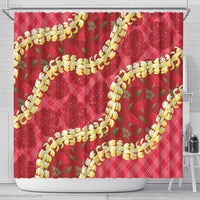 Red Palaka Hawaii Mele Kalikimaka Shower Curtain Ohia Lehua Monstera Puakenikeni Lei - Polynesian Pride