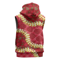 Red Palaka Hawaii Mele Kalikimaka Sleeveless Hoodie Ohia Lehua Monstera Puakenikeni Lei - Polynesian Pride