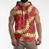 Red Palaka Hawaii Mele Kalikimaka Sleeveless Hoodie Ohia Lehua Monstera Puakenikeni Lei - Polynesian Pride