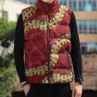 Red Palaka Hawaii Mele Kalikimaka Sleeveless Puffer Jacket Ohia Lehua Monstera Puakenikeni Lei - Polynesian Pride