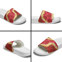 Red Palaka Hawaii Mele Kalikimaka Slide Sandals Ohia Lehua Monstera Puakenikeni Lei - Polynesian Pride