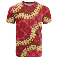 Red Palaka Hawaii Mele Kalikimaka T Shirt Ohia Lehua Monstera Puakenikeni Lei - Polynesian Pride