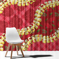 Red Palaka Hawaii Mele Kalikimaka Window Curtain Ohia Lehua Monstera Puakenikeni Lei - Polynesian Pride