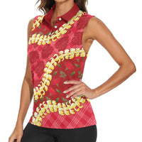 Red Palaka Hawaii Mele Kalikimaka Women Sleeveless Polo Shirt Ohia Lehua Monstera Puakenikeni Lei - Polynesian Pride