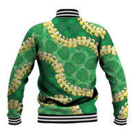 Green Palaka Hawaii Mele Kalikimaka Baseball Jacket Ohia Lehua Monstera Puakenikeni Lei - Polynesian Pride