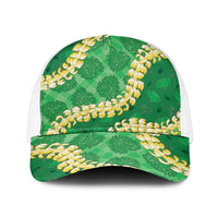 Green Palaka Hawaii Mele Kalikimaka Baseball Net Cap Ohia Lehua Monstera Puakenikeni Lei - Polynesian Pride