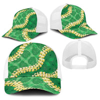 Green Palaka Hawaii Mele Kalikimaka Baseball Net Cap Ohia Lehua Monstera Puakenikeni Lei - Polynesian Pride