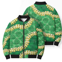 Green Palaka Hawaii Mele Kalikimaka Bomber Puffer Jacket Ohia Lehua Monstera Puakenikeni Lei - Polynesian Pride
