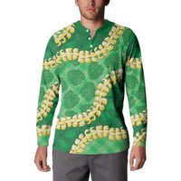 Green Palaka Hawaii Mele Kalikimaka Button Sweatshirt Ohia Lehua Monstera Puakenikeni Lei LT14 - Polynesian Pride