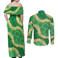 Green Palaka Hawaii Mele Kalikimaka Couples Matching Off Shoulder Maxi Dress and Long Sleeve Button Shirt Ohia Lehua Monstera Puakenikeni Lei - Polynesian Pride