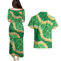 Green Palaka Hawaii Mele Kalikimaka Couples Matching Puletasi and Hawaiian Shirt Ohia Lehua Monstera Puakenikeni Lei - Polynesian Pride