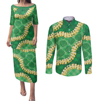 Green Palaka Hawaii Mele Kalikimaka Couples Matching Puletasi and Long Sleeve Button Shirt Ohia Lehua Monstera Puakenikeni Lei - Polynesian Pride