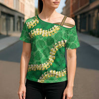 Green Palaka Hawaii Mele Kalikimaka Cross Shoulder Shirt Ohia Lehua Monstera Puakenikeni Lei - Polynesian Pride