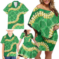 Green Palaka Hawaii Mele Kalikimaka Family Matching Off Shoulder Short Dress and Hawaiian Shirt Ohia Lehua Monstera Puakenikeni Lei - Polynesian Pride