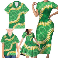 Green Palaka Hawaii Mele Kalikimaka Family Matching Short Sleeve Bodycon Dress and Hawaiian Shirt Ohia Lehua Monstera Puakenikeni Lei - Polynesian Pride
